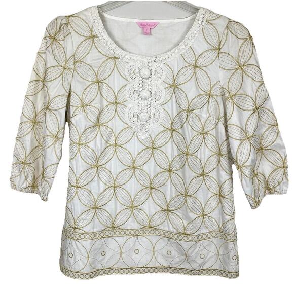 Lilly Pulitzer Shannon Gold Tunic Top Size Small Ivory Gold Embroidered Tropical - Picture 1 of 12